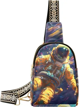 Womens Crossbody Bag Colorful Astronaut Print PU Leather Sling Bag with Adjustable Strap Zipper Closure Water Resistant