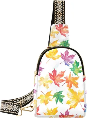 Womens Crossbody Bag Colorful Maple Leaves Print PU Leather Sling Bag with Adjustable Strap Zipper Closure Water Resistant