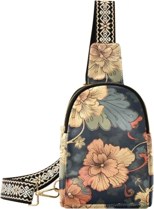 Womens Crossbody Bag Pattern Flowers Print PU Leather Sling Bag with Adjustable Strap Zipper Closure Water Resistant