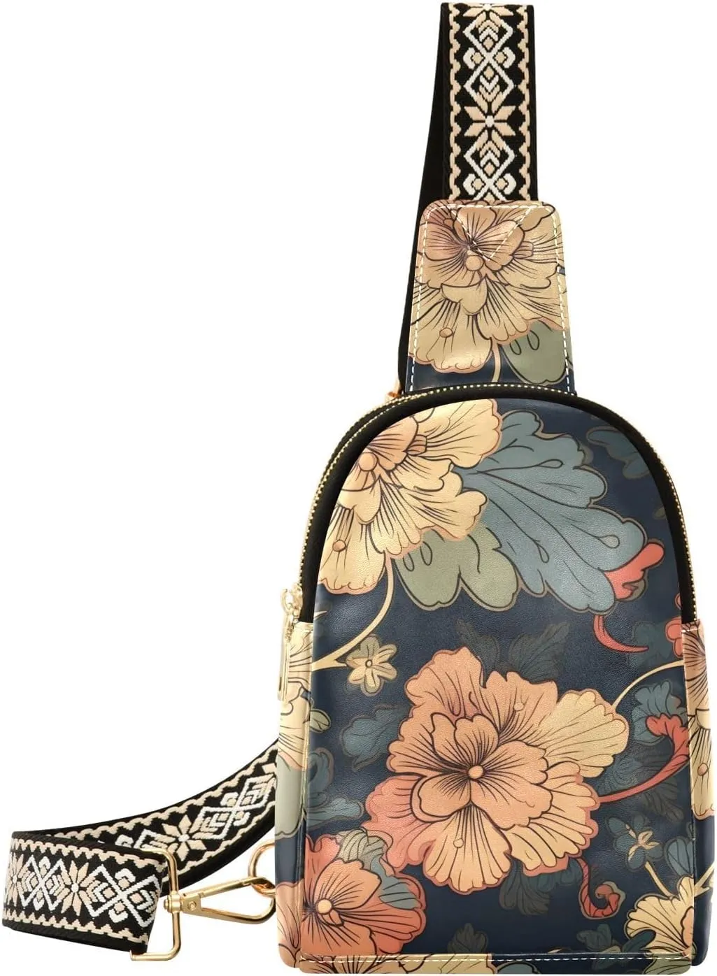 Womens Crossbody Bag Pattern Flowers Print PU Leather Sling Bag with Adjustable Strap Zipper Closure Water Resistant