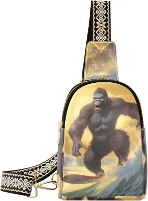 Womens Crossbody Bag Sasquatch Surfing Print PU Leather Sling Bag with Adjustable Strap Zipper Closure Water Resistant