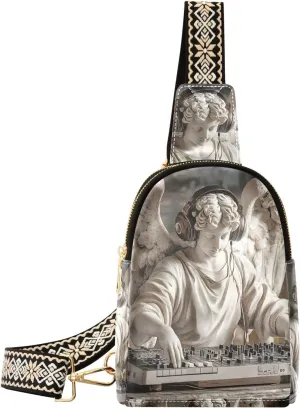 Womens Crossbody Bag Statue Dj Print PU Leather Sling Bag with Adjustable Strap Zipper Closure Water Resistant