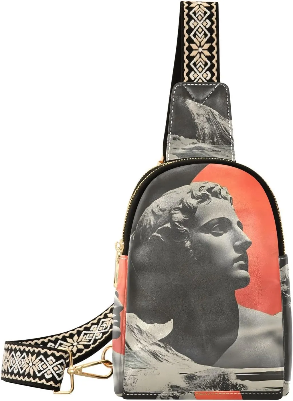 Womens Crossbody Bag Statue Sun Print PU Leather Sling Bag with Adjustable Strap Zipper Closure Water Resistant