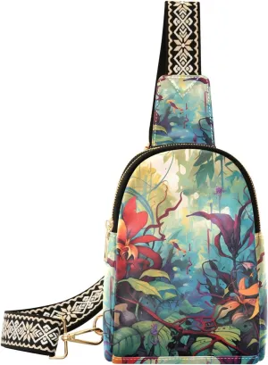 Womens Crossbody Bag Tropical Rainforest Print PU Leather Sling Bag with Adjustable Strap Zipper Closure Water Resistant