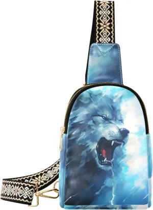 Womens Crossbody Bag Wolf Roar Print PU Leather Sling Bag with Adjustable Strap Zipper Closure Water Resistant