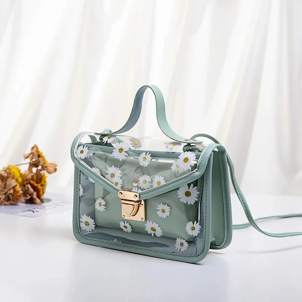 Womens Diagonal Straddle Shoulder Bag Cute Print Small Square Bag Popular Fashion Transparent Crossbody Bag