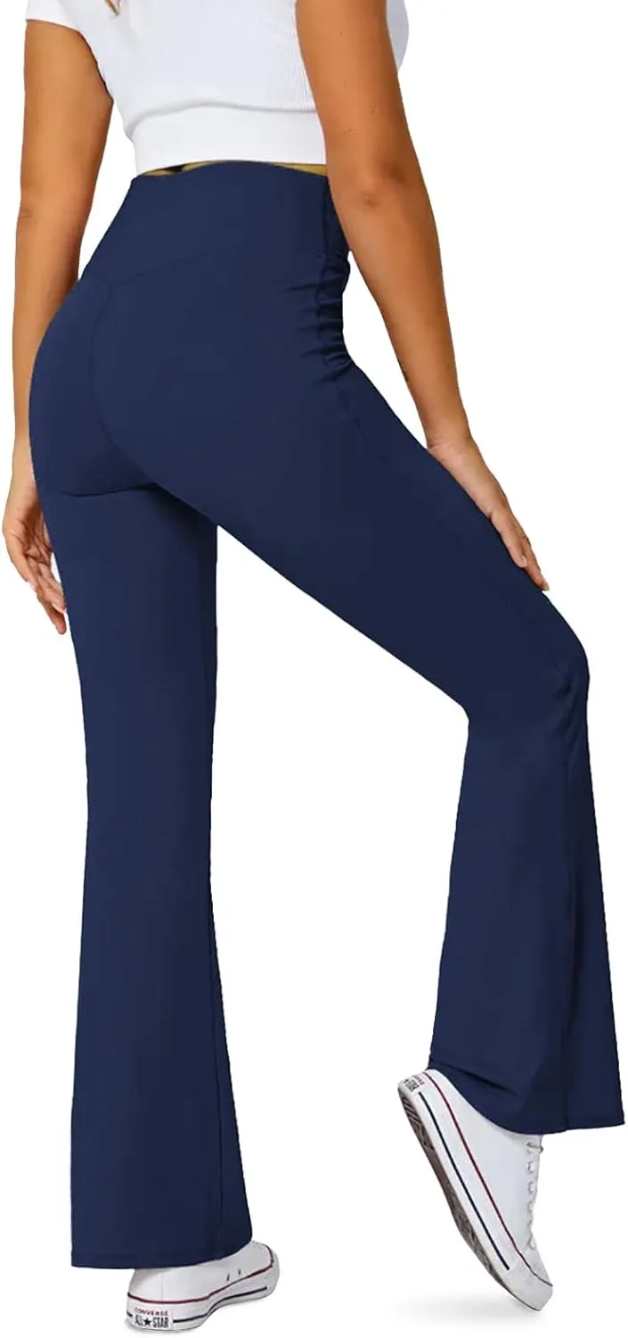 Women's Flare Leggings with Pockets-Crossover High Waisted Bootcut Yoga Pants-Tummy Control Bell Bottom Leggings