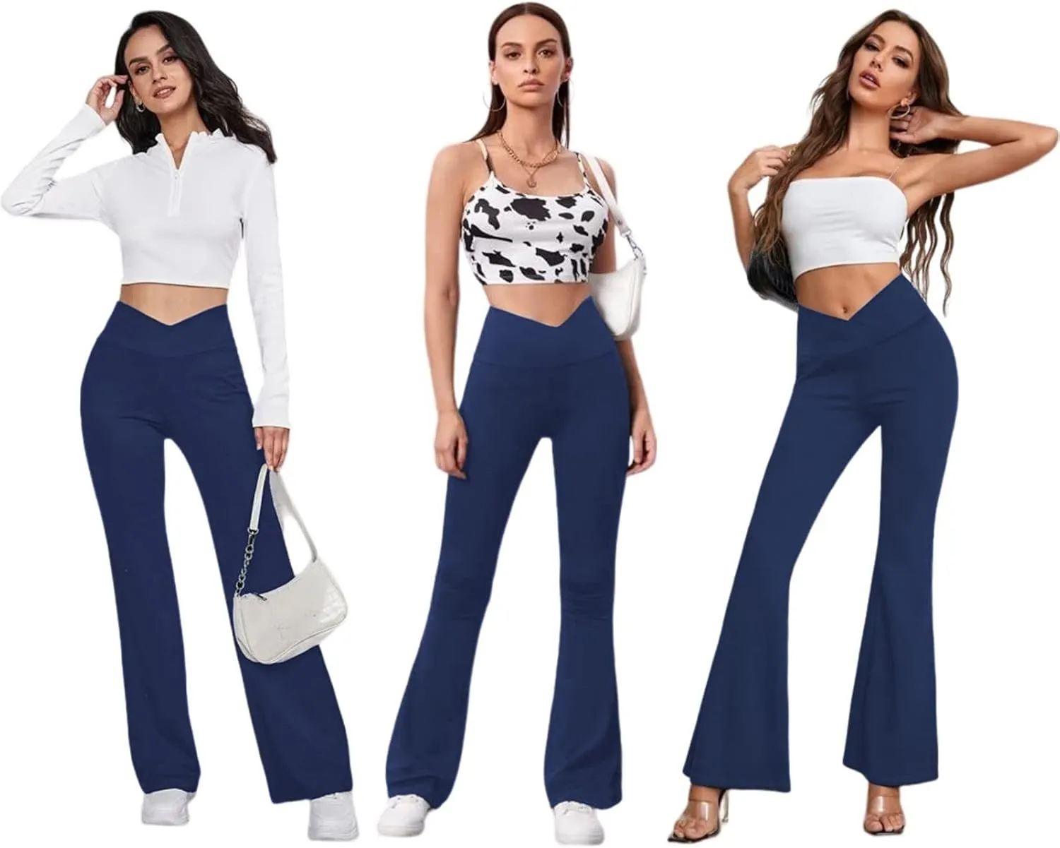 Women's Flare Leggings with Pockets-Crossover High Waisted Bootcut Yoga Pants-Tummy Control Bell Bottom Leggings