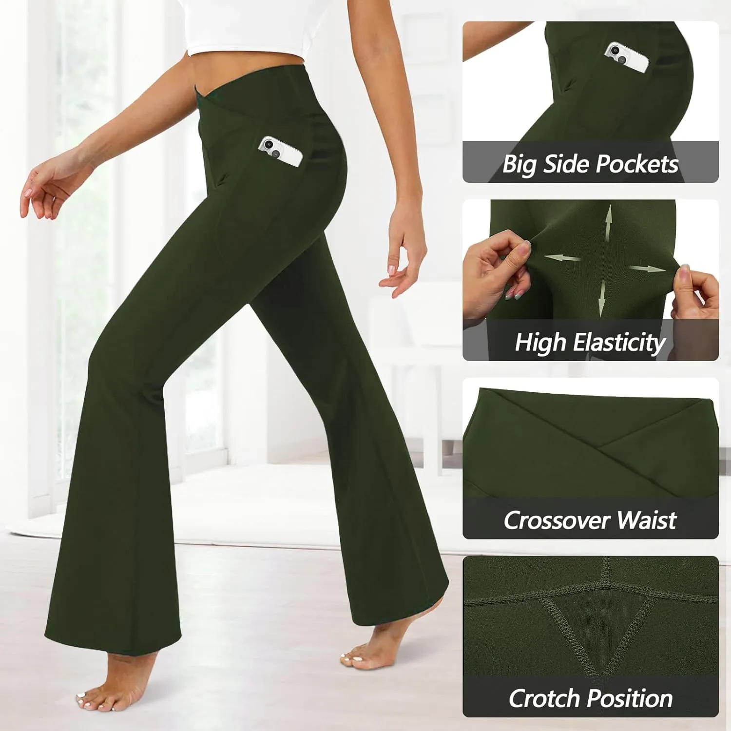 Women's Flare Leggings with Pockets-Crossover High Waisted Bootcut Yoga Pants-Tummy Control Bell Bottom Leggings