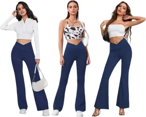Women's Flare Leggings with Pockets-Crossover High Waisted Bootcut Yoga Pants-Tummy Control Bell Bottom Leggings
