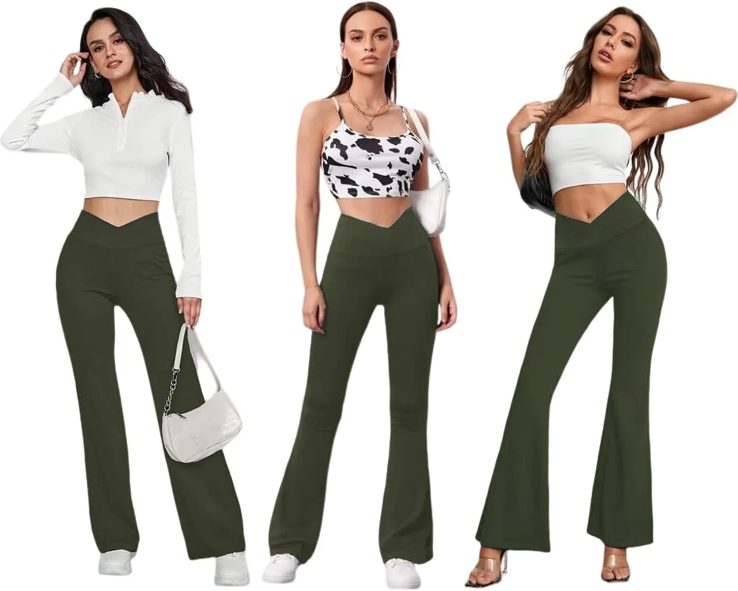 Women's Flare Leggings with Pockets-Crossover High Waisted Bootcut Yoga Pants-Tummy Control Bell Bottom Leggings