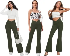 Women's Flare Leggings with Pockets-Crossover High Waisted Bootcut Yoga Pants-Tummy Control Bell Bottom Leggings