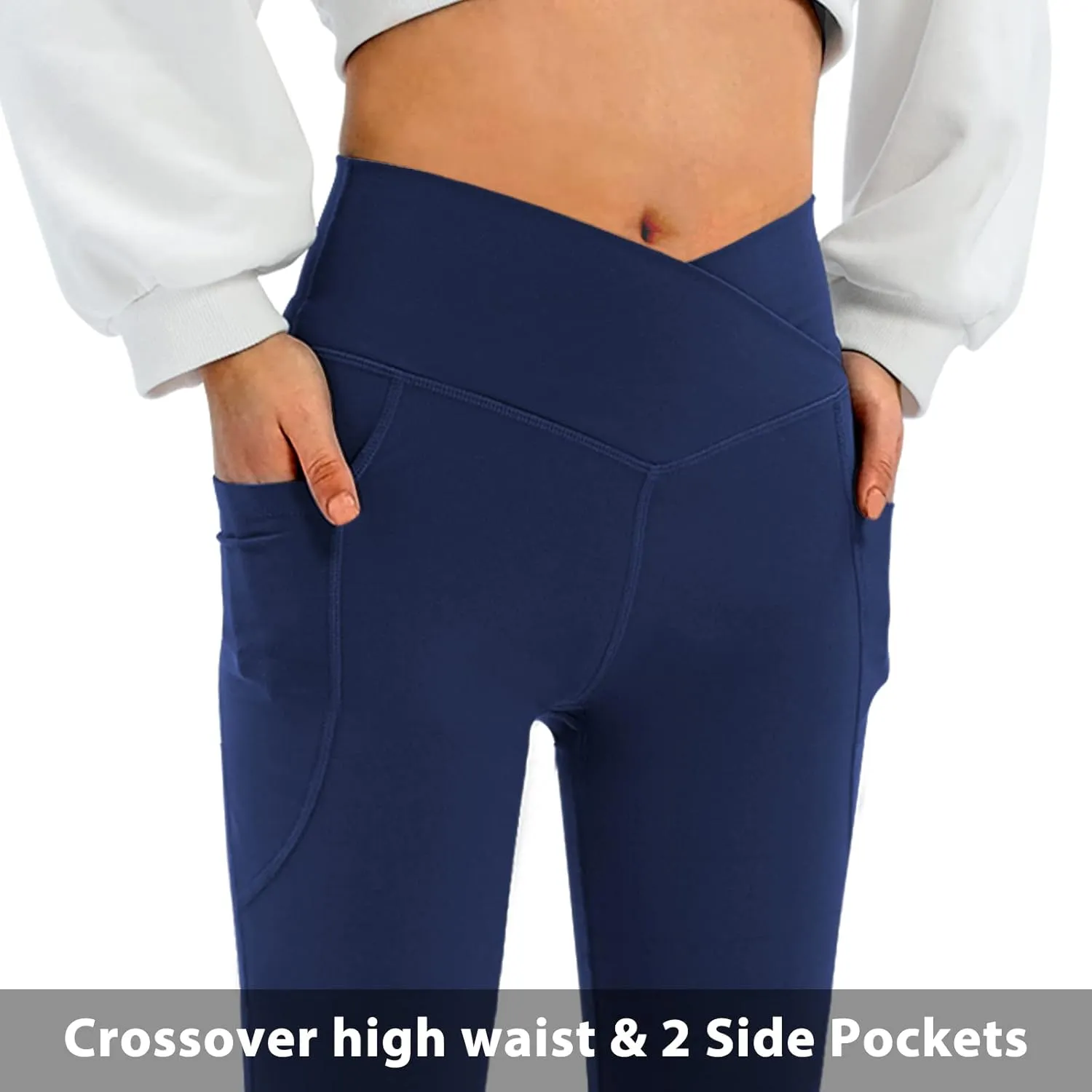 Women's Flare Leggings with Pockets-Crossover High Waisted Bootcut Yoga Pants-Tummy Control Bell Bottom Leggings