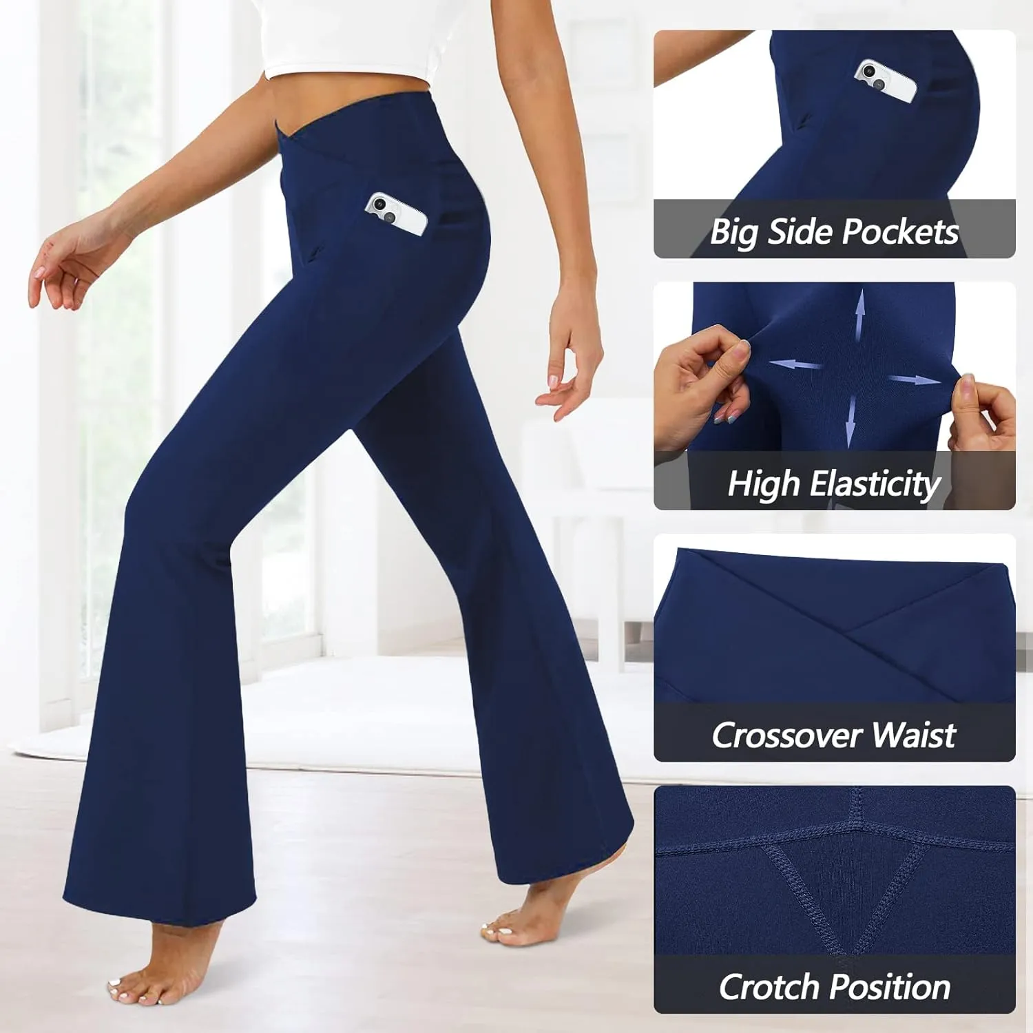 Women's Flare Leggings with Pockets-Crossover High Waisted Bootcut Yoga Pants-Tummy Control Bell Bottom Leggings