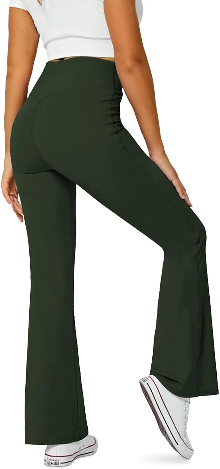 Women's Flare Leggings with Pockets-Crossover High Waisted Bootcut Yoga Pants-Tummy Control Bell Bottom Leggings