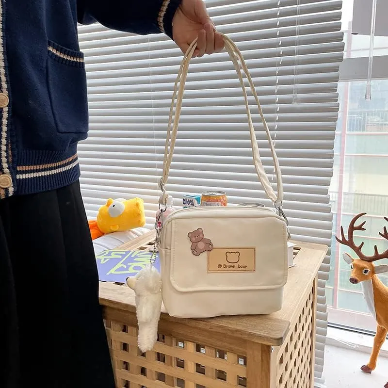 Women's Preppy Small Crossbody Purse with Pin and Pendant Kawaii Embroidery Bear Academic Japanese Shoulder Bag (white)