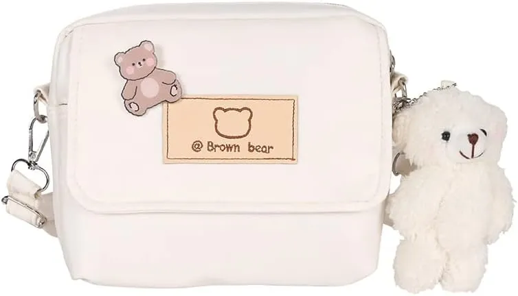 Women's Preppy Small Crossbody Purse with Pin and Pendant Kawaii Embroidery Bear Academic Japanese Shoulder Bag (white)