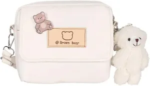 Women's Preppy Small Crossbody Purse with Pin and Pendant Kawaii Embroidery Bear Academic Japanese Shoulder Bag (white)