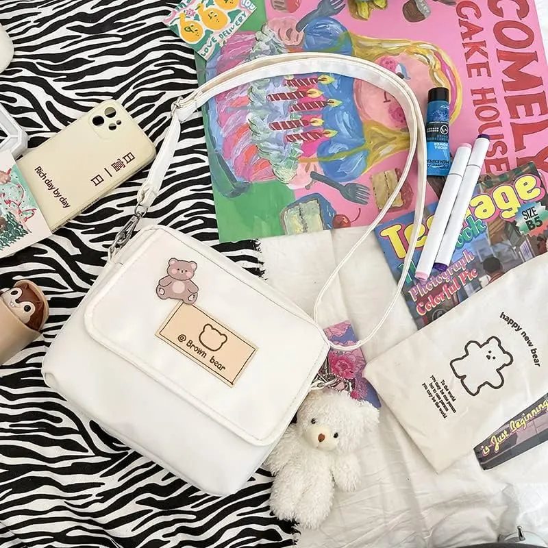 Women's Preppy Small Crossbody Purse with Pin and Pendant Kawaii Embroidery Bear Academic Japanese Shoulder Bag (white)