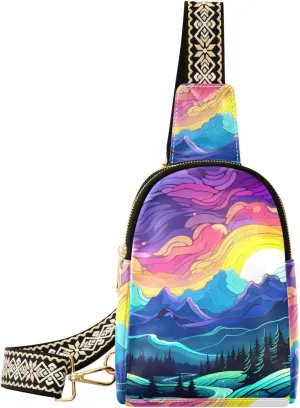 Women’s Sling Bag Beautiful Impressionist Landscape Print with Adjustable Strap Zipper Closure, PU Leather Water Resistant Crossbody Bag Purse Chest Bag