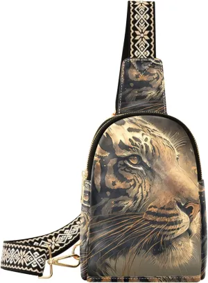 Women’s Sling Bag Enigmatic Tiger Print with Adjustable Strap Zipper Closure, PU Leather Water Resistant Crossbody Bag Purse Chest Bag