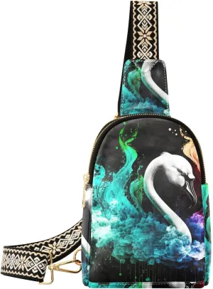 Women’s Sling Bag Ink Swirl Print with Adjustable Strap Zipper Closure, PU Leather Water Resistant Crossbody Bag Purse Chest Bag