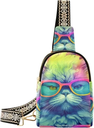 Women’s Sling Bag Persian Cat with Glasses Print with Adjustable Strap Zipper Closure, PU Leather Water Resistant Crossbody Bag Purse Chest Bag