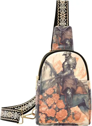 Women’s Sling Bag Rose and Knight Print with Adjustable Strap Zipper Closure, PU Leather Water Resistant Crossbody Bag Purse Chest Bag