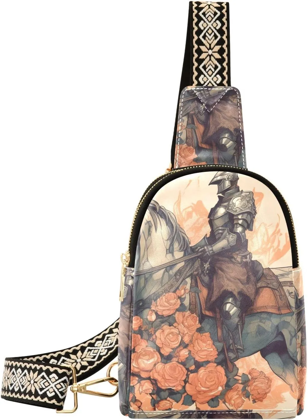 Women’s Sling Bag Rose and Knight Print with Adjustable Strap Zipper Closure, PU Leather Water Resistant Crossbody Bag Purse Chest Bag
