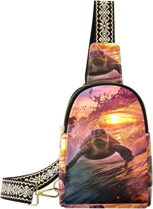 Women’s Sling Bag Surfing Turtle Print with Adjustable Strap Zipper Closure, PU Leather Water Resistant Crossbody Bag Purse Chest Bag