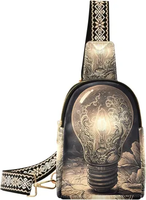 Women’s Sling Bag Vintage Bulb Print with Adjustable Strap Zipper Closure, PU Leather Water Resistant Crossbody Bag Purse Chest Bag