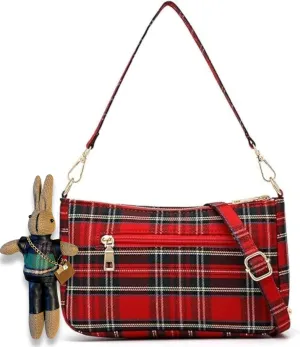 Womens Tartan Check Plaid Pattern Small Crossbody Phone Clutch Purse Rabbit Key Ring, 90's UK Punk Gold Zipper Handbag