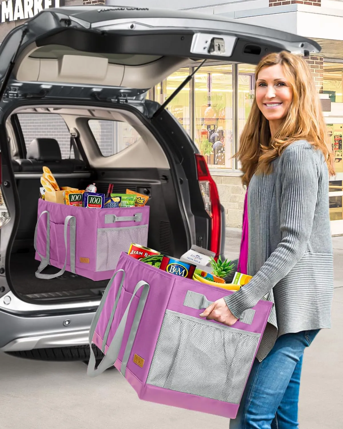 WONDAY Standing Extra Large Reusable Grocery Bag Carrier with Handle, Thirty One Utility Tote Foldable for Shopping and Beach