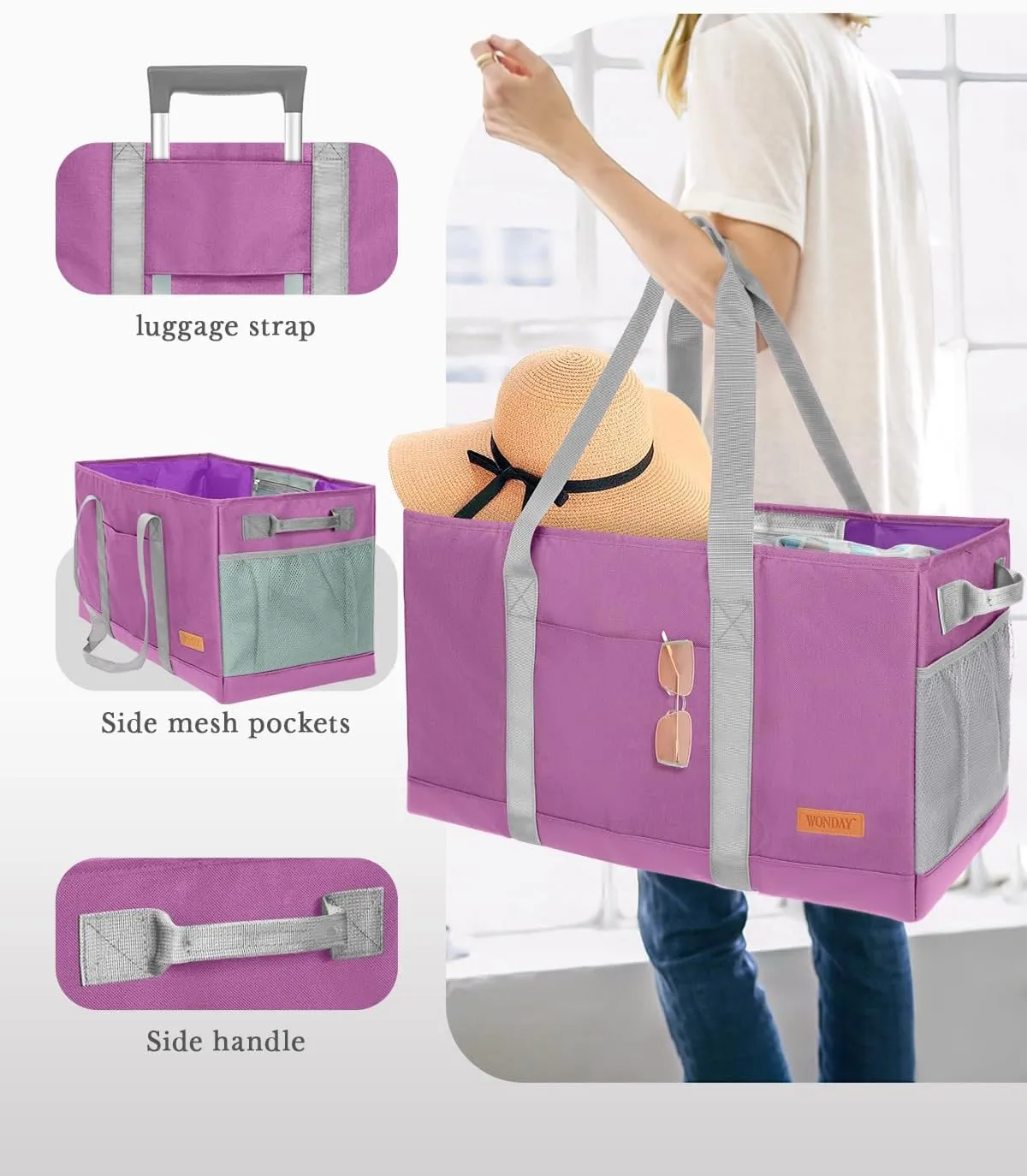 WONDAY Standing Extra Large Reusable Grocery Bag Carrier with Handle, Thirty One Utility Tote Foldable for Shopping and Beach