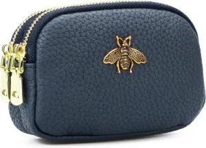 WOZEAH Leather Coin Purse for Women Small 2 Zipper Change Wallet with Key Ring Card Key Coin Cash Holder Pouch(Blue)
