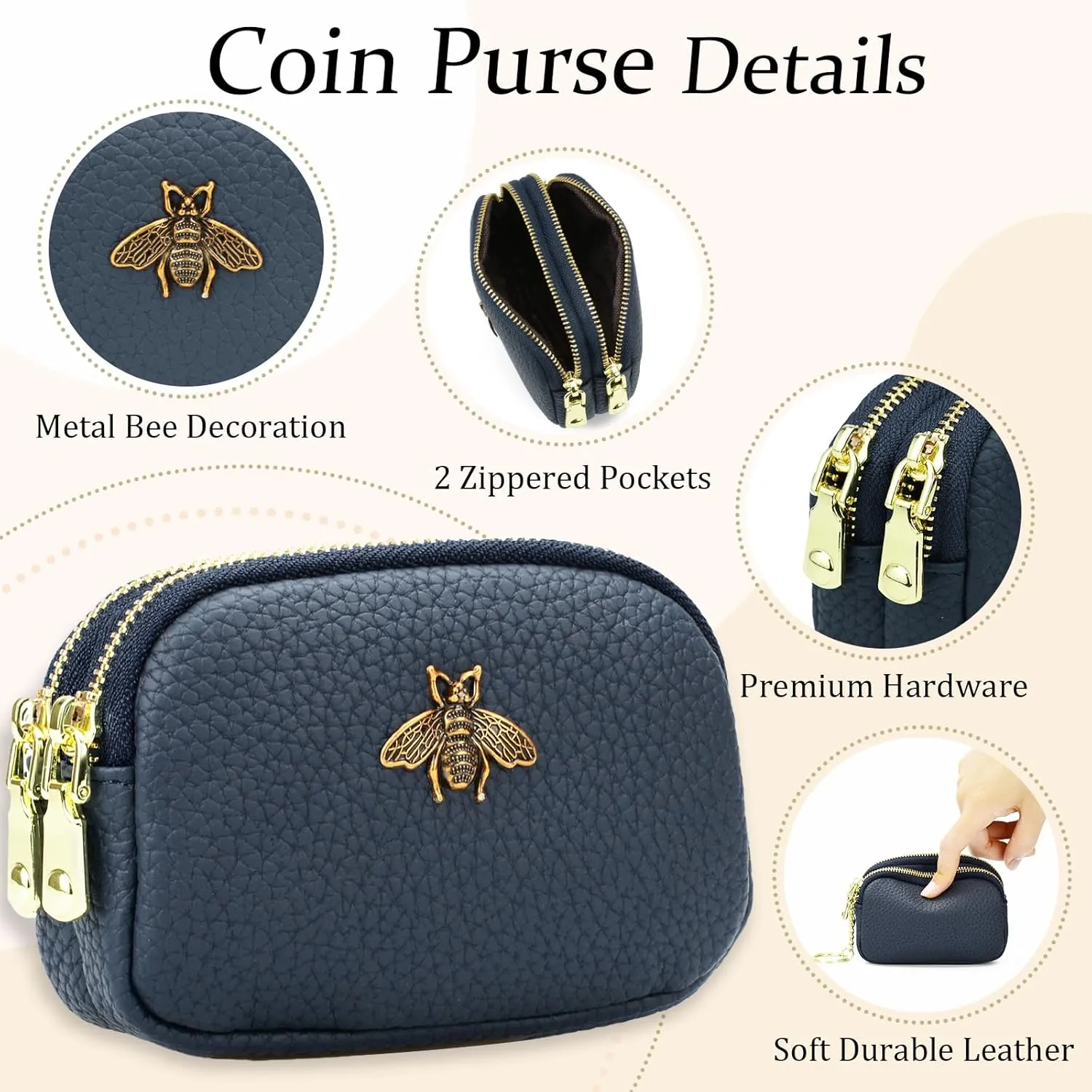 WOZEAH Leather Coin Purse for Women Small 2 Zipper Change Wallet with Key Ring Card Key Coin Cash Holder Pouch(Blue)