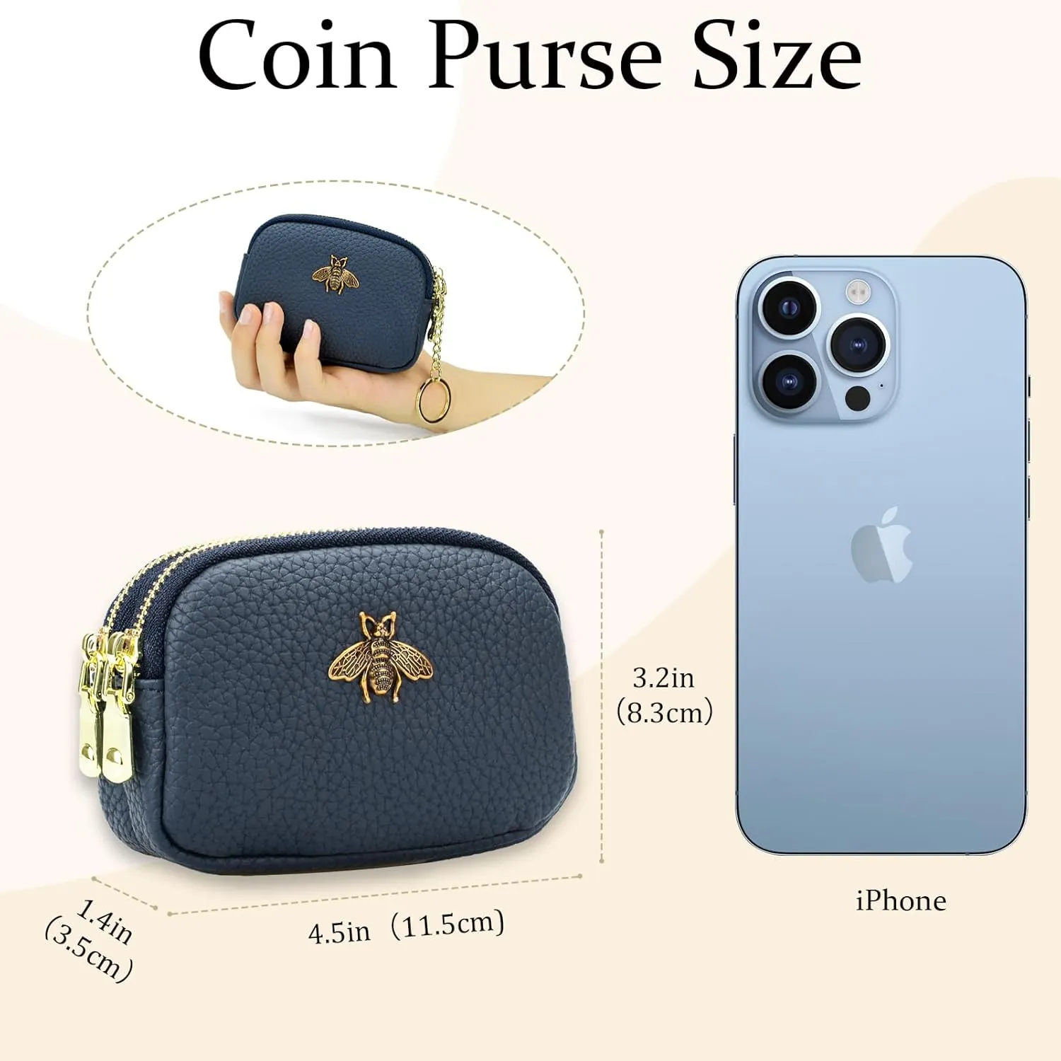 WOZEAH Leather Coin Purse for Women Small 2 Zipper Change Wallet with Key Ring Card Key Coin Cash Holder Pouch(Blue)