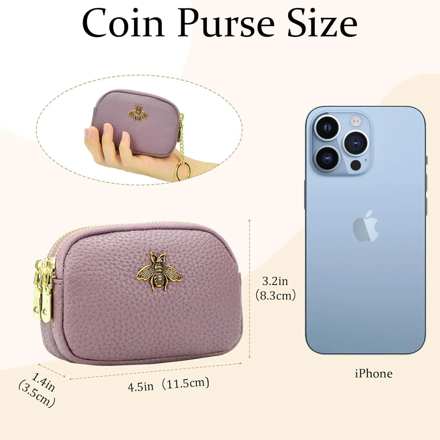 WOZEAH Leather Coin Purse for Women Small 2 Zipper Change Wallet with Key Ring Card Key Coin Cash Holder Pouch(Purple)