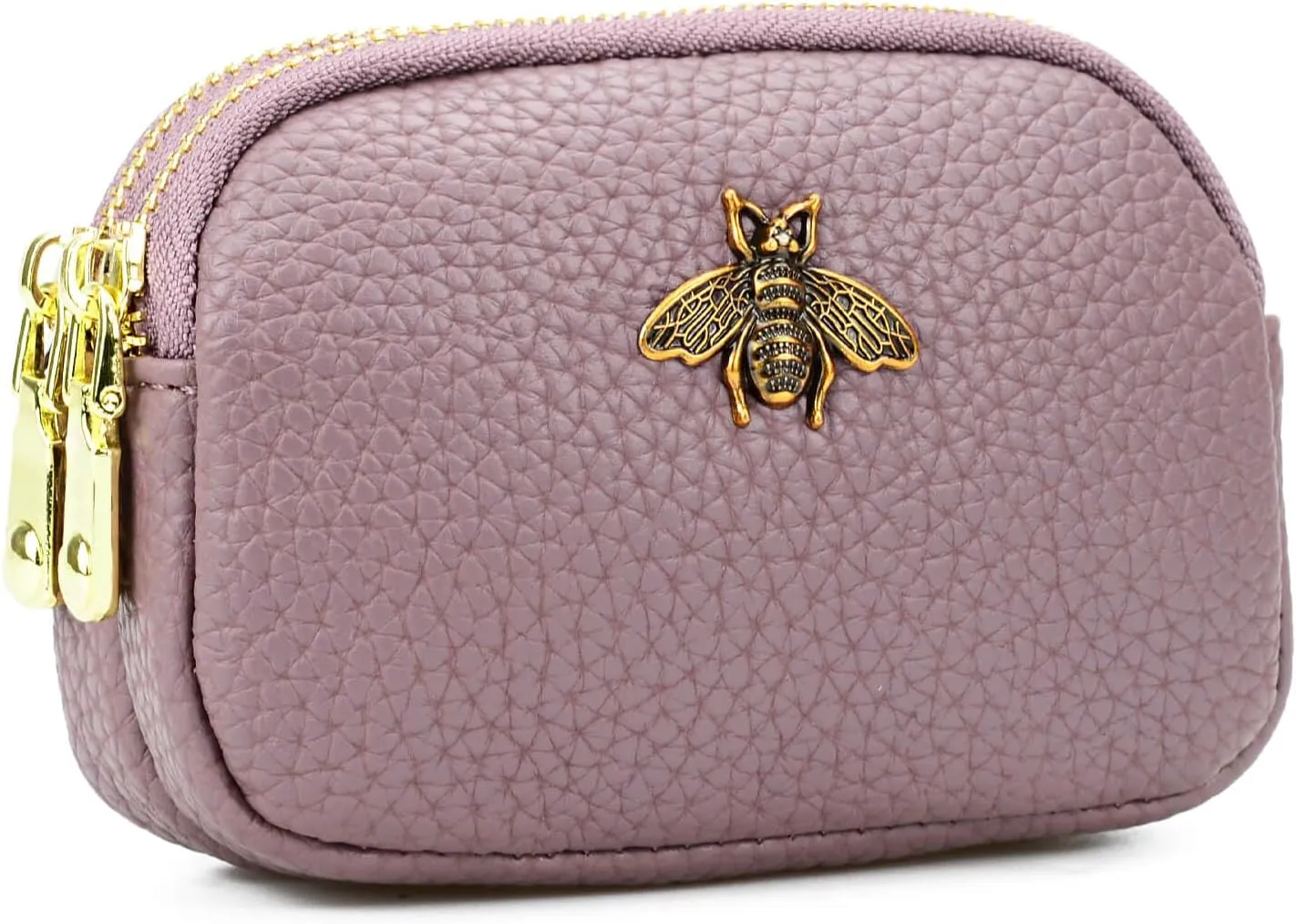 WOZEAH Leather Coin Purse for Women Small 2 Zipper Change Wallet with Key Ring Card Key Coin Cash Holder Pouch(Purple)