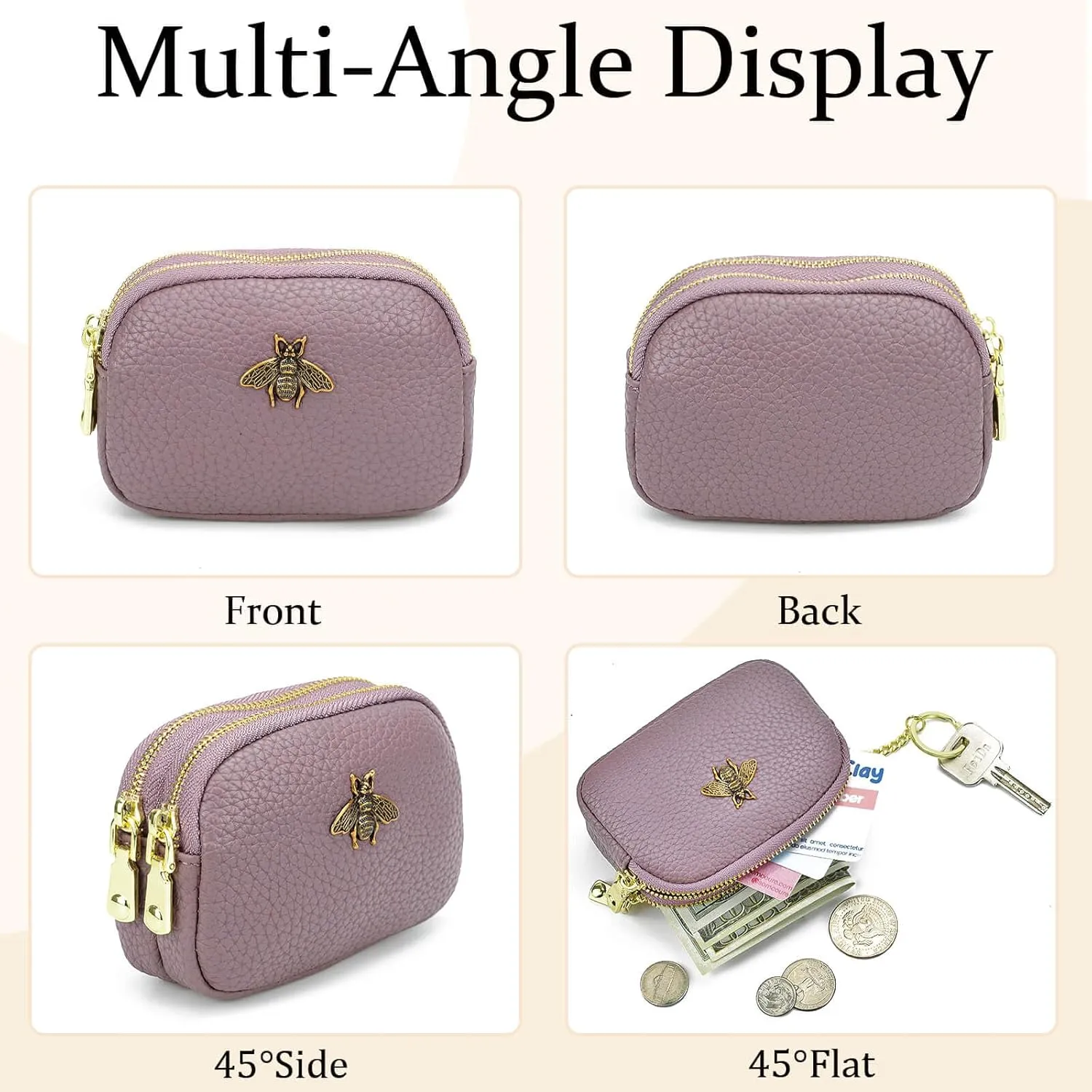 WOZEAH Leather Coin Purse for Women Small 2 Zipper Change Wallet with Key Ring Card Key Coin Cash Holder Pouch(Purple)
