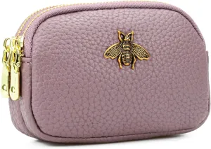 WOZEAH Leather Coin Purse for Women Small 2 Zipper Change Wallet with Key Ring Card Key Coin Cash Holder Pouch(Purple)