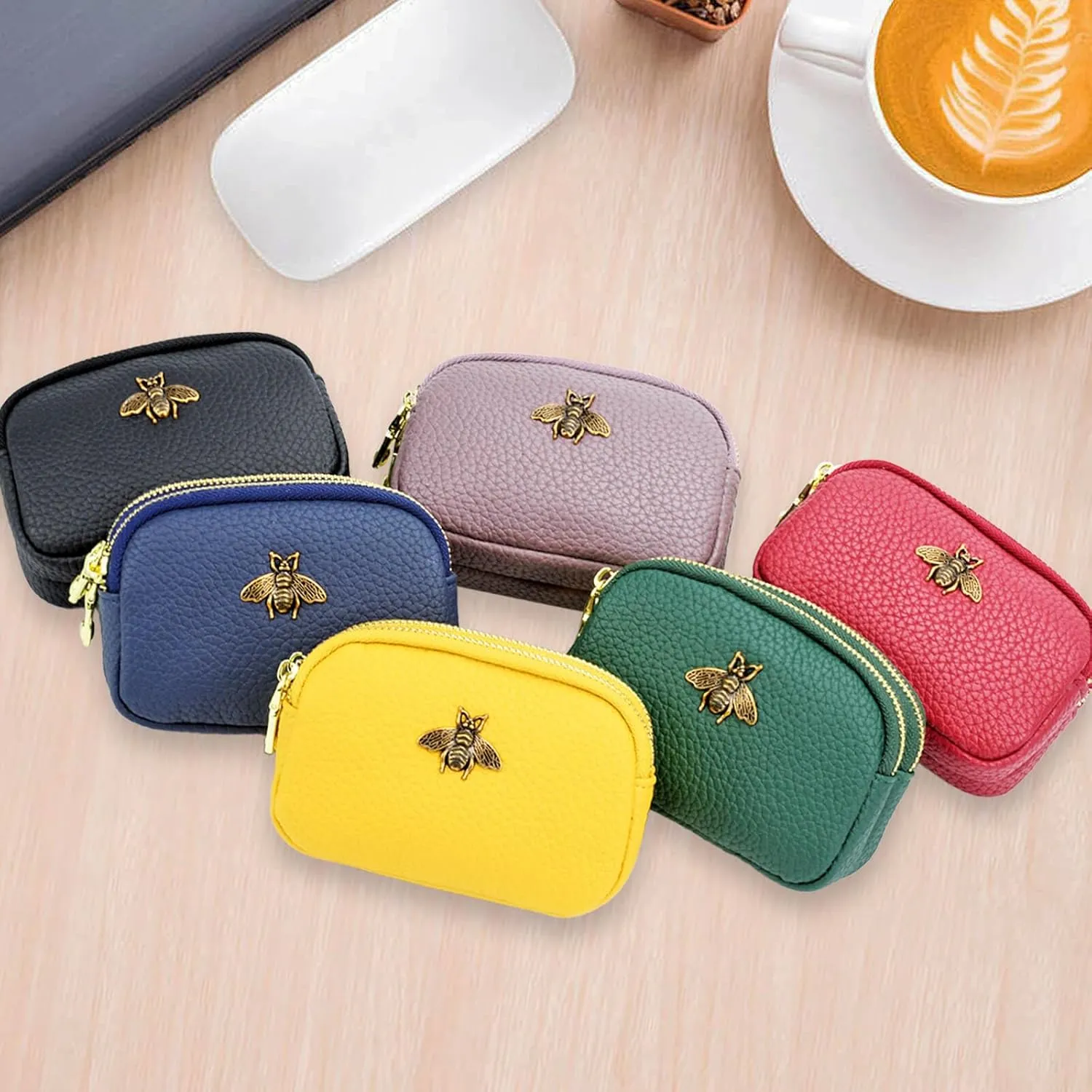 WOZEAH Leather Coin Purse for Women Small 2 Zipper Change Wallet with Key Ring Card Key Coin Cash Holder Pouch(Purple)