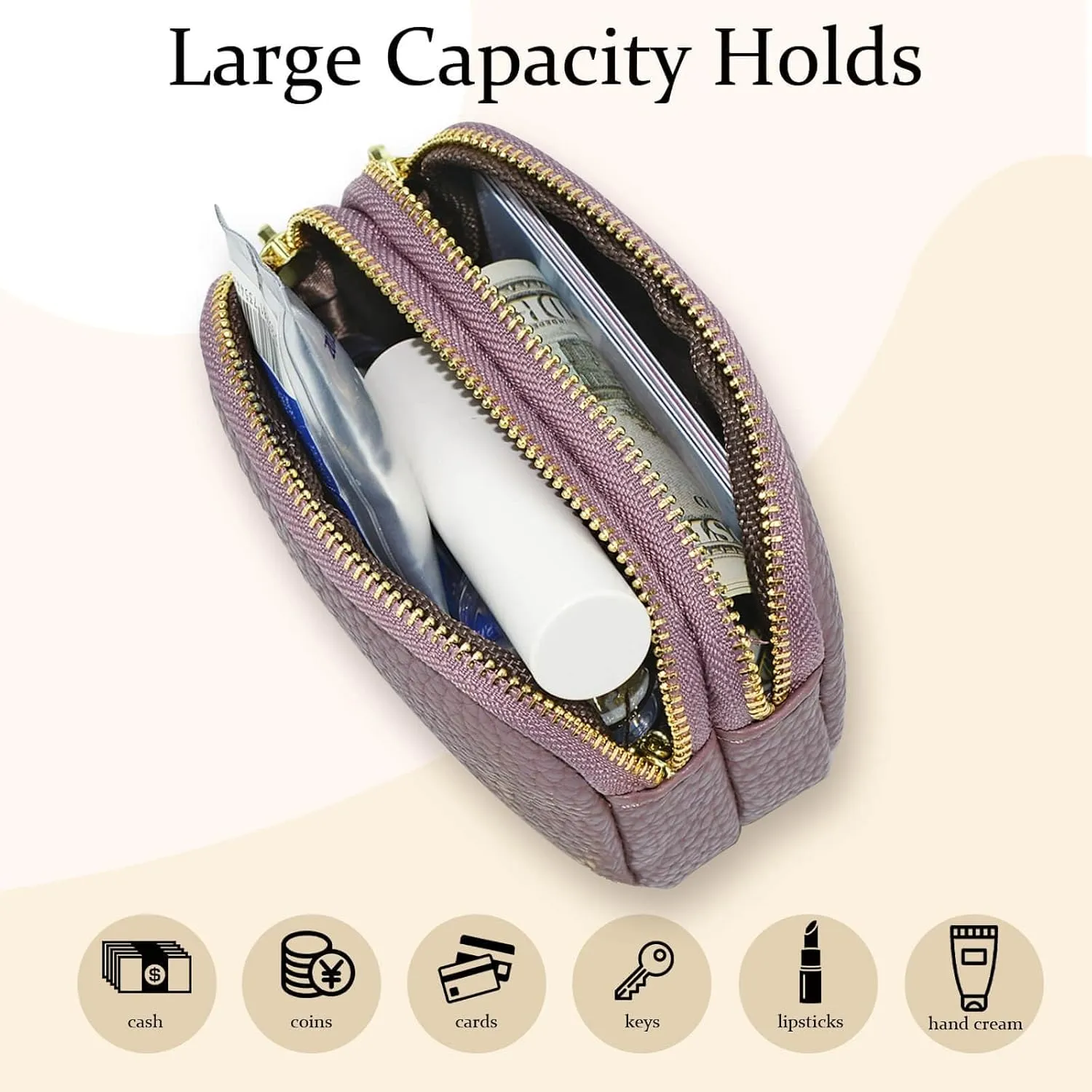 WOZEAH Leather Coin Purse for Women Small 2 Zipper Change Wallet with Key Ring Card Key Coin Cash Holder Pouch(Purple)
