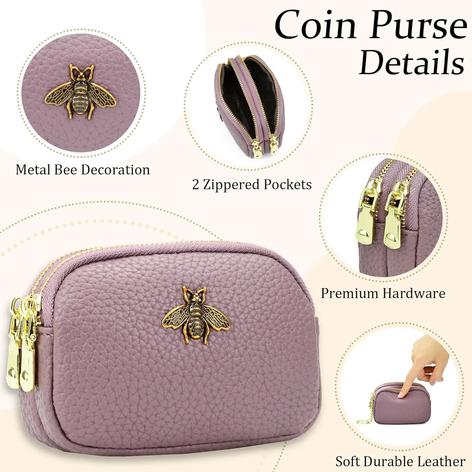 WOZEAH Leather Coin Purse for Women Small 2 Zipper Change Wallet with Key Ring Card Key Coin Cash Holder Pouch(Purple)