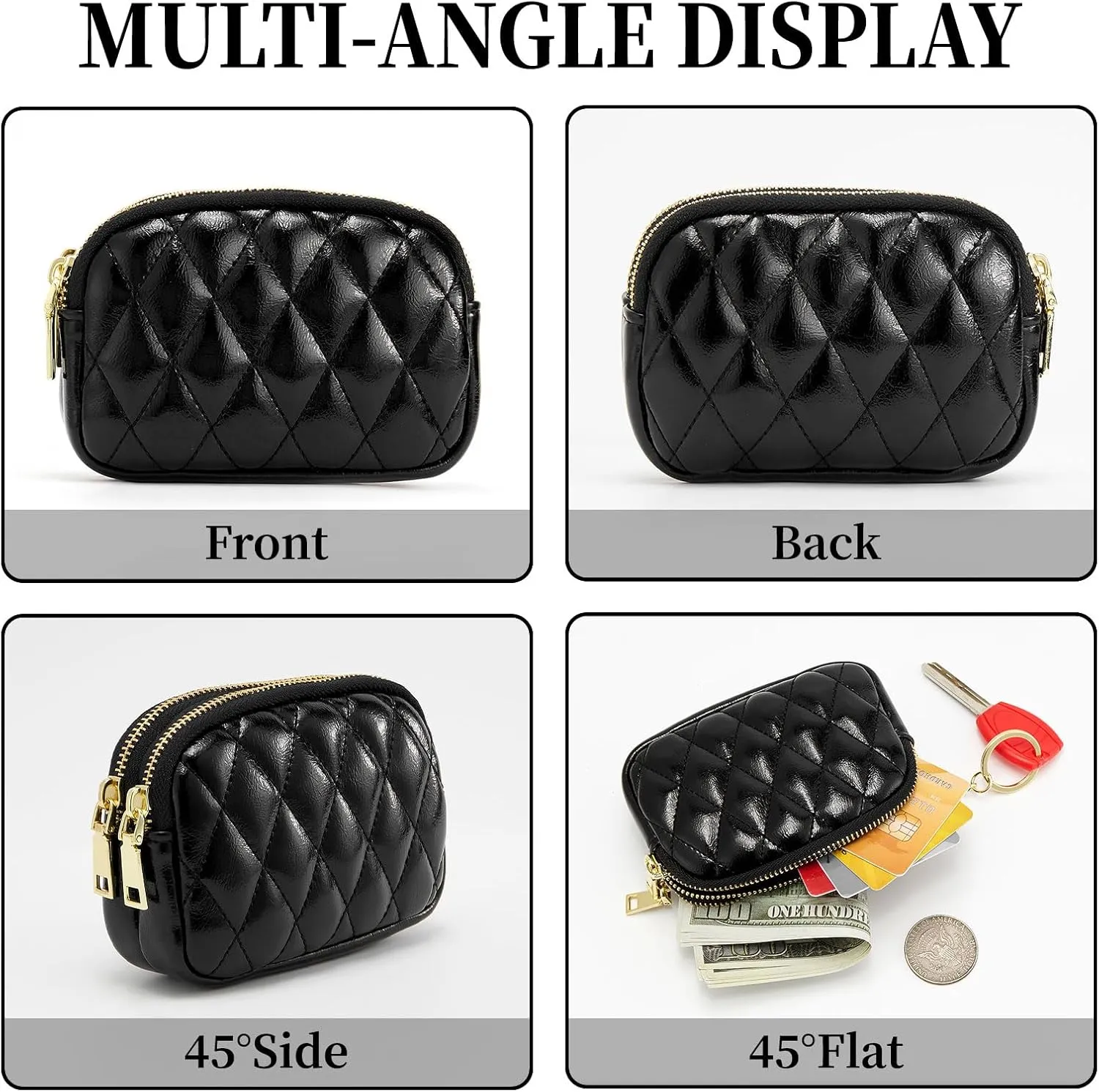 WOZEAH Leather Coin Purse for Women Small 2 Zipper Change Wallet with Key Ring Card Key Coin Cash Holder Pouch(Quilted Black)