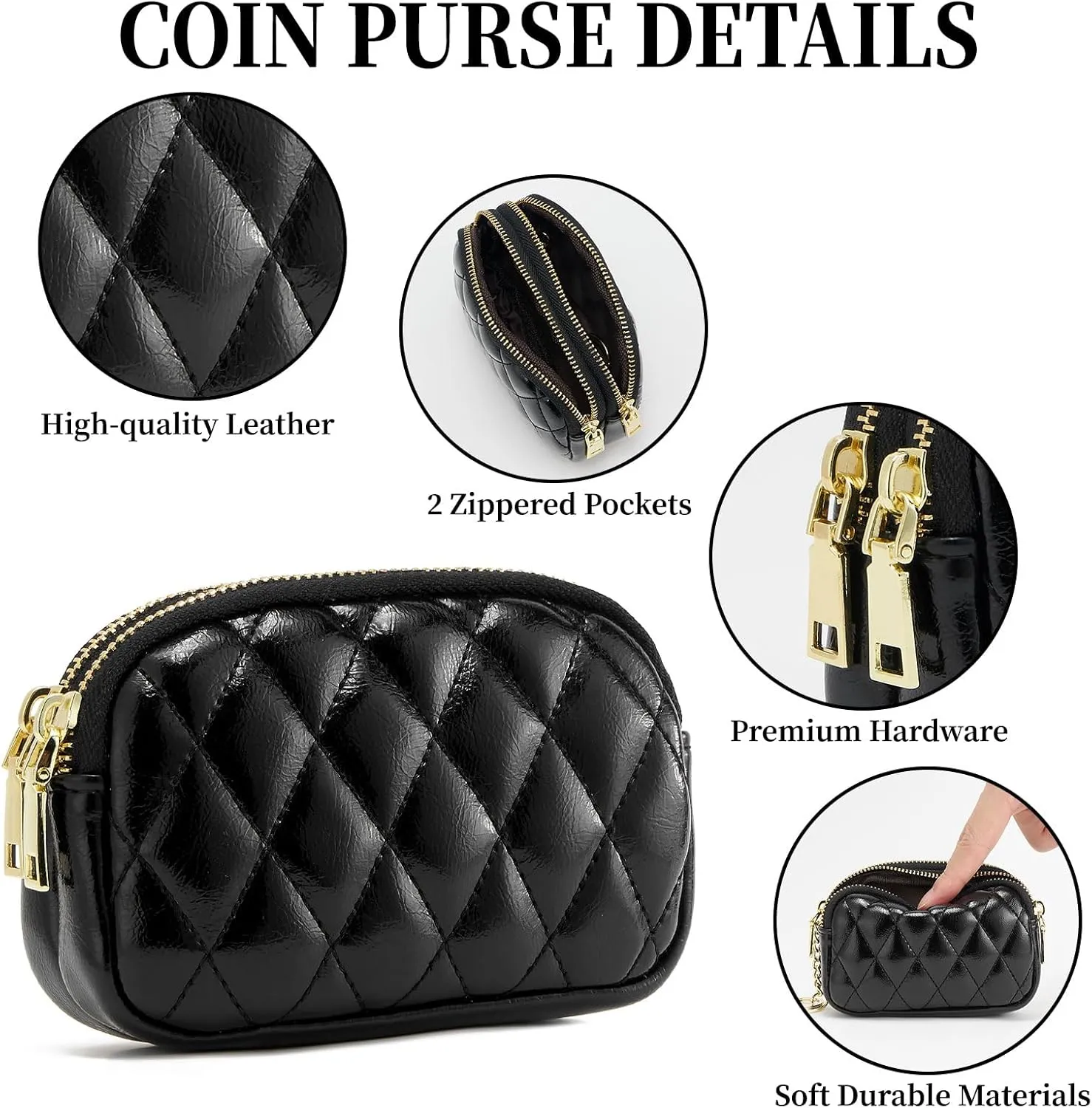 WOZEAH Leather Coin Purse for Women Small 2 Zipper Change Wallet with Key Ring Card Key Coin Cash Holder Pouch(Quilted Black)