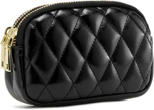 WOZEAH Leather Coin Purse for Women Small 2 Zipper Change Wallet with Key Ring Card Key Coin Cash Holder Pouch(Quilted Black)
