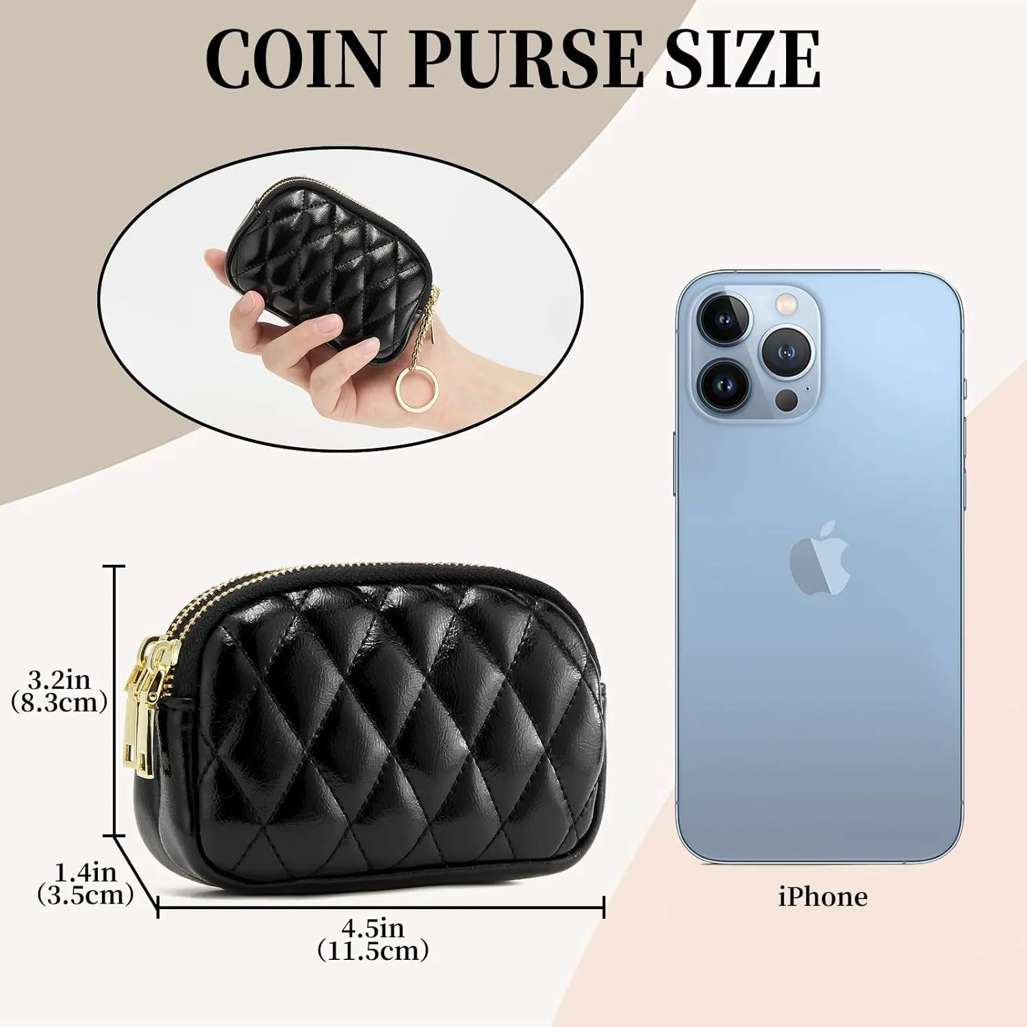 WOZEAH Leather Coin Purse for Women Small 2 Zipper Change Wallet with Key Ring Card Key Coin Cash Holder Pouch(Quilted Black)