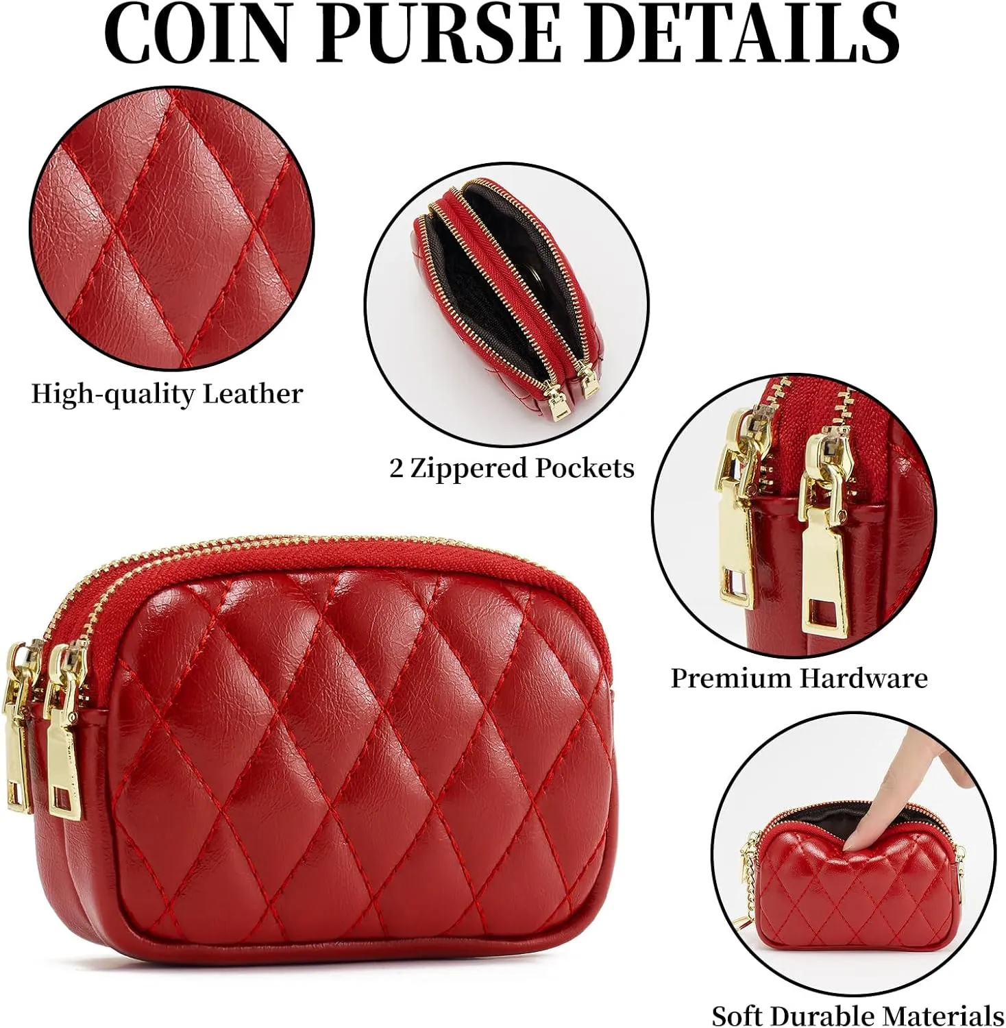 WOZEAH Leather Coin Purse for Women Small 2 Zipper Change Wallet with Key Ring Card Key Coin Cash Holder Pouch(Quilted Red)