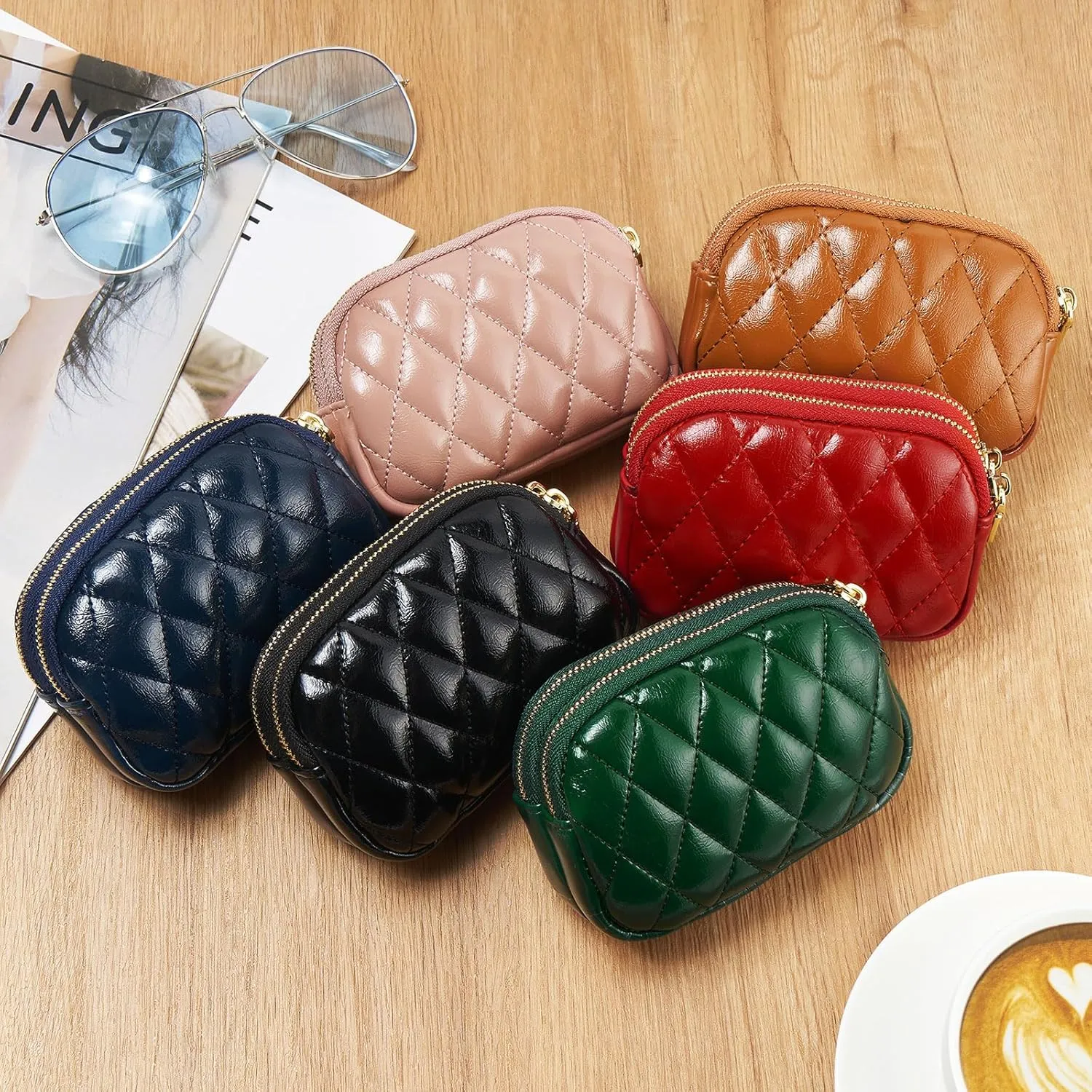 WOZEAH Leather Coin Purse for Women Small 2 Zipper Change Wallet with Key Ring Card Key Coin Cash Holder Pouch(Quilted Red)